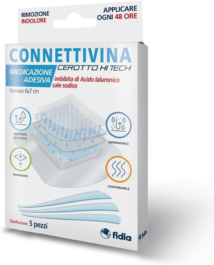 Connettivina cerotto Hi Tech Fidia farmaceutici - Formato 6x7 cm | Per escoriazioni, piccoli tagli e scottature | Imbevuto con Acido ialuronico sale sodico